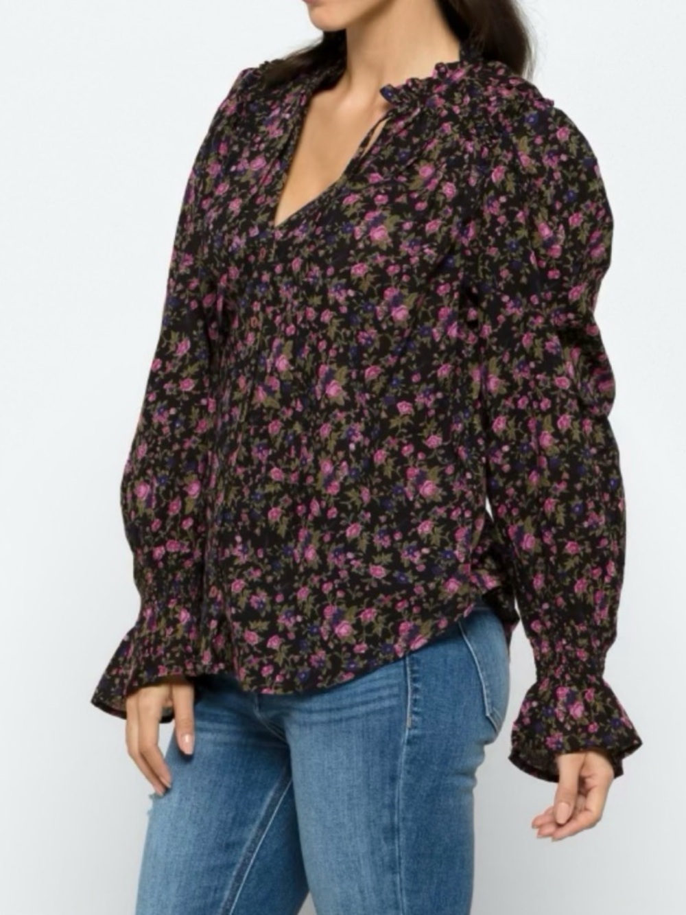 Free People Black Floral Button-Front Blouse with Pink Roses - Picture 3 of 7